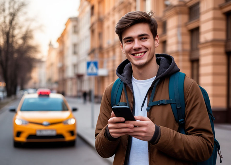 Пассажир заказывает MV Taxi через приложение на смартфоне